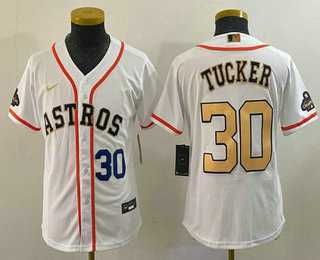 Youth Houston Astros #30 Kyle Tucker Number 2023 White Gold World Serise Champions Patch Cool Base Jersey